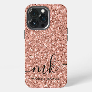 Funda Para iPhone 13 Pro Monograma Glitter Rosa Oro Moderno de Moda