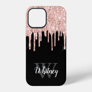 Funda Para iPhone 12 Monograma gris con goteo de purpurina rosa femenin
