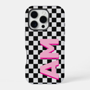 Funda Para iPhone 16 Pro Monograma Inicial Cuadrícula Sombra Rosa Moderna