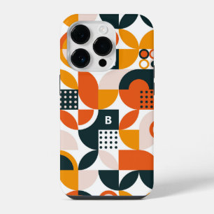 Funda Para iPhone 14 Pro Monograma Inicial Geométrico Naranja Retro Negro