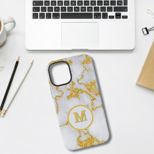 Funda Para iPhone 12 Mini Monograma M Patrón de mármol blanco y dorado elega
