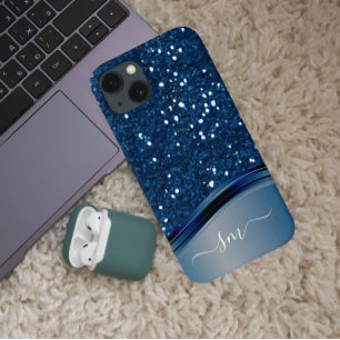 Funda Para iPhone 12 Monograma Manuscrito Azul Marino Brillo Metálico
