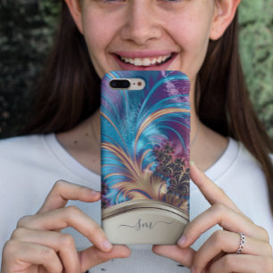Funda Para iPhone 12 Monograma Manuscrito Moderno Fractal Azul Dorado