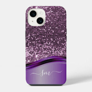 Funda Para iPhone 14 Monograma Manuscrito Onda de Purpurina Morada