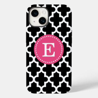 Funda Para iPhone 14 Monograma marroquí moderno negro y rosa