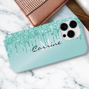 Funda Para iPhone 14 Pro Max Monograma Metálico Aqua Azul Glitter Goteo Android