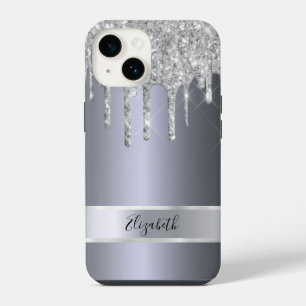 Funda Para iPhone 14 Monograma metálico con brillo plateado elegante mo