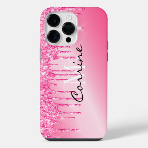 Funda Para iPhone 14 Pro Max Monograma Metálico Rosa Caliente Purpurina Goteo A