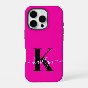 Funda Para iPhone 16 Pro Monograma moderna en rosa caliente y negro