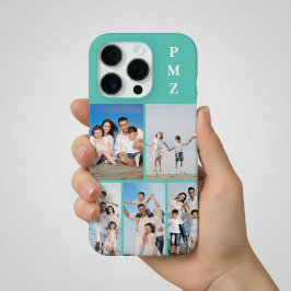 Funda Para iPhone 16 Pro Monograma moderno 5 Collage de fotos azul acuático