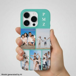 Funda Para iPhone 16 Pro Monograma moderno 5 Collage de fotos azul acuático
