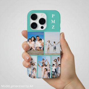 Funda Para iPhone 16 Pro Monograma moderno 5 Collage de fotos azul acuático