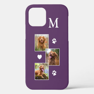 Funda Para iPhone 12 Monograma moderno de 3 fotos Morado Gato Perro Mas