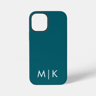 Funda Para iPhone 12 Mini Monograma moderno de color azul teal oscuro y blan
