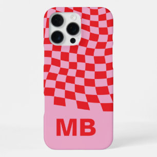 Funda Para iPhone 16 Pro Max Monograma moderno de cuadros ondulados en rosa roj