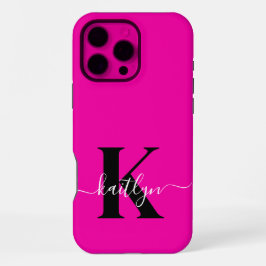 Funda Para iPhone 16 Pro Max Monograma moderno de guión negro rosa caliente