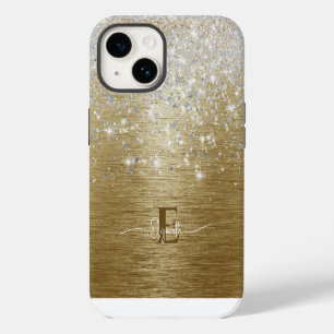 Funda Para iPhone 14 Monograma moderno de metal cepillado en oro con br