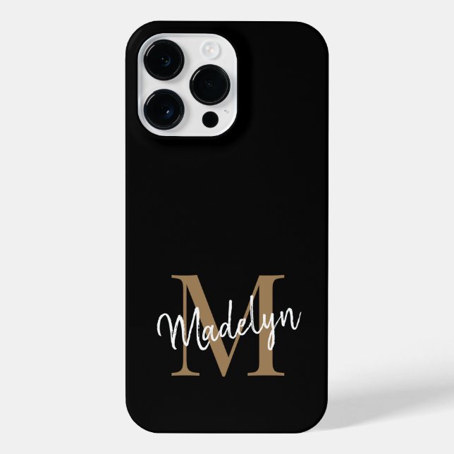 Funda Para iPhone Monograma moderno de oro negro Nombre de guión fem (Reverso)