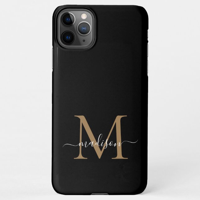 Funda Para iPhone Monograma moderno de oro negro Nombre de guión fem (Reverso)