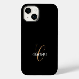 Funda Para iPhone 14 Monograma moderno de oro negro Nombre de guión fem
