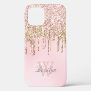 Funda Para iPhone 12 Monograma moderno de Purpurinas de oro rosa rosado