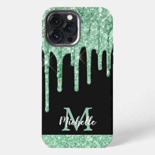 Funda Para iPhone 13 Pro Max Monograma moderno de Purpurinas verdes de la menta