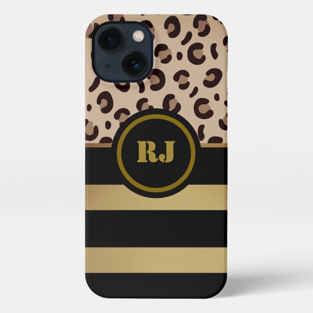 Funda Para iPhone Monograma moderno Leonard Print Gold Black Stripes (Reverso )