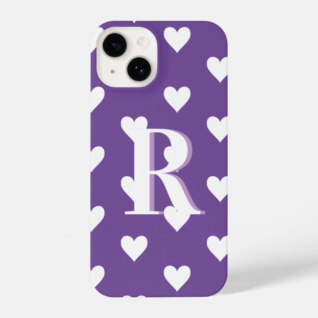 Funda Para iPhone Monograma moderno Patrón cardíaco Morado Blanco (Reverso )
