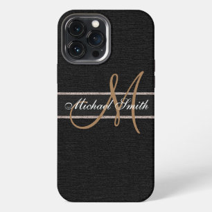 Funda Para iPhone 13 Pro Max Monograma Negro Arpillera Lino Rústico Yute