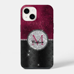 Funda Para iPhone 14 Monograma negro burlono Purpurina plateado burdeos