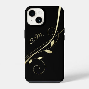 Funda Para iPhone 14 Monograma negro giratorio de hojas de oro