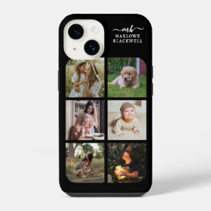 Funda Para iPhone 14 Monograma Nombre blanco negro 6 Collage de fotos