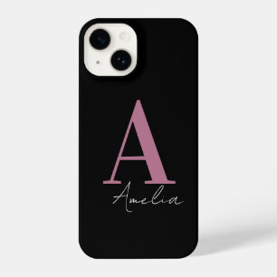 Funda Para iPhone 14 Monograma Nombre negro rosado