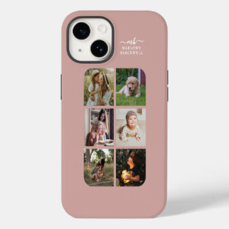 Funda Para iPhone 14 Monograma Nombre Rosa Oro 6 Collage de fotos