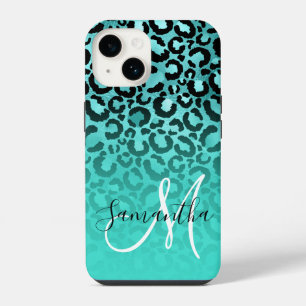 Funda Para iPhone 14 Monograma Ombre Leopardo Turquesa Brillante