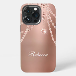 Funda Para iPhone 13 Pro Monograma Perlas de Oro Rosa Diamantes Brillante G