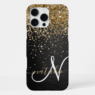 Funda Para iPhone 16 Pro Max Monograma personalizada de purpurina dorada y negr