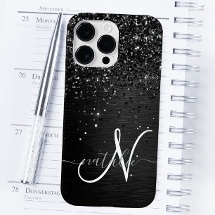 Funda Para iPhone 14 Pro Max Monograma personalizada de purpurina negra