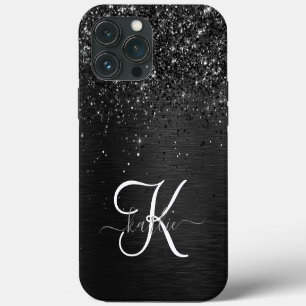 Funda Para iPhone 13 Pro Max Monograma personalizada de purpurina negra