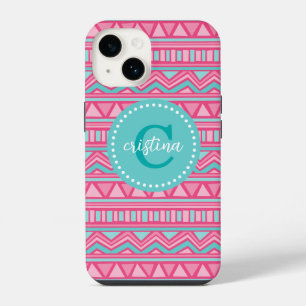 Funda Para iPhone 14 Monograma personalizado chevron Azteca rosa y turq
