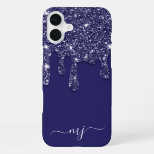 Funda Para iPhone 16 Plus Monograma personalizado con goteo de purpurina azu