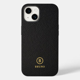 Funda Para iPhone 14 Monograma personalizado de texto de cuero negro mi