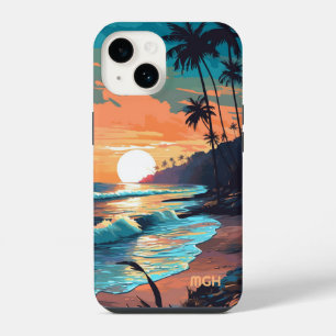 Funda Para iPhone 14 Monograma personalizado puesta de sol tropical de