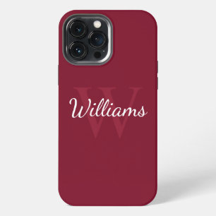 Funda Para iPhone 13 Pro Max Monograma personalizado y nombre rojo borgoña