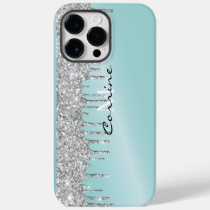 Funda Para iPhone 14 Pro Max Monograma Plateado Azul Acuático Brillo Goteo Andr