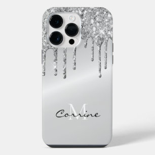 Funda Para iPhone 14 Pro Max Monograma Purpurina de goteo plateado Platino metá