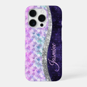 Funda Para iPhone 16 Pro Monograma purpurina de imitación de plata púrpura