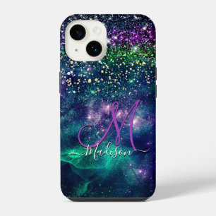 Funda Para iPhone 14 Monograma purpurina de imitación verde morado suav