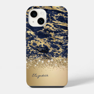 Funda Para iPhone 14 Monograma Purpurina de Mármol de la Marina de Oro 