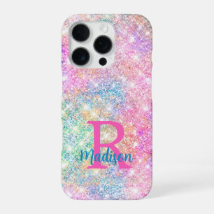Funda Para iPhone 16 Pro Monograma rosa de purpurina falsa iridiscente lind